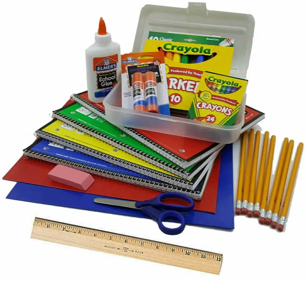 A box of school supplies sitting on top of some books.