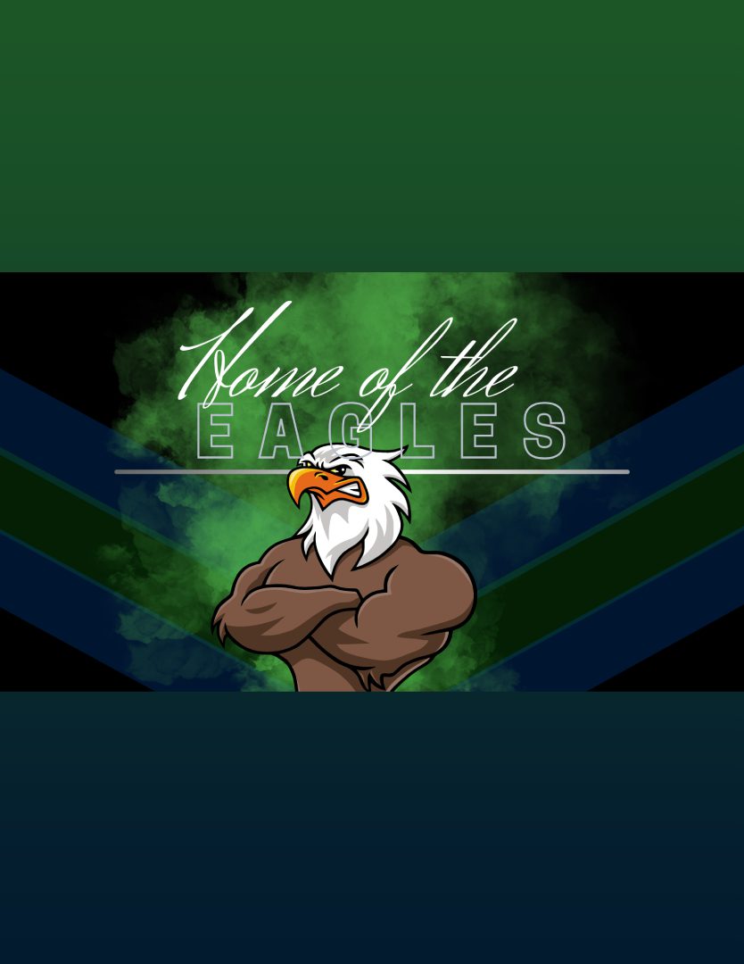 A bald eagle with its head raised in front of the words " home of the eagles ".